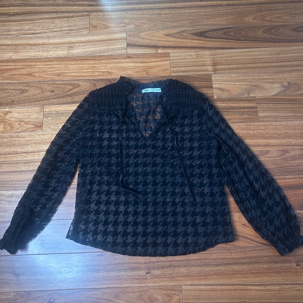 Zara Houndstooth Blouse Sheer Long Sleeve Top Black Semi-Formal‎ Medium